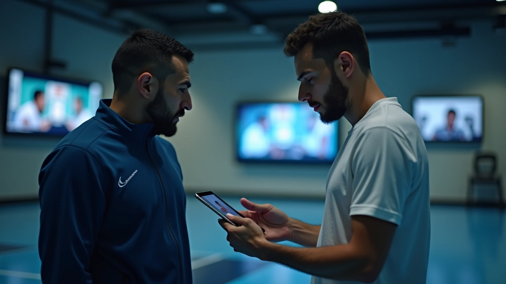 جلسة تحليل فيديو حيث يشرح المدرب تقييم الأداء الفردية لأحد اللاعبين الناشئين